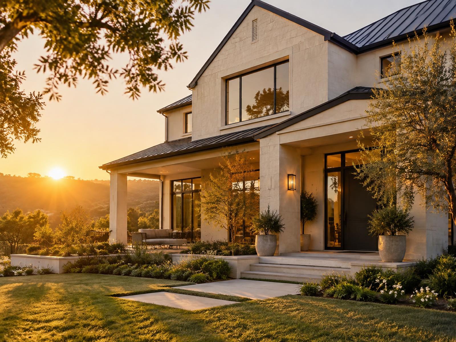 Modern home at golden hour